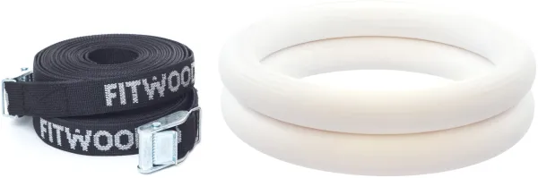 FitWood ULPU Gymnastikringe 28mm - Weiße Oberfläche / Schwarzer Riemen